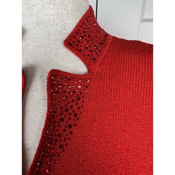 Vintage Toula Red Crystal Knit Skirt Suit Evening Jacket Set Size 12 Elegant - Picture 3 of 14